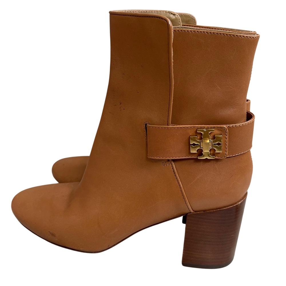 Tory Burch kira Tan Leather Ankle Boots Block Heel‎ Logo Buckle Women Size 7m